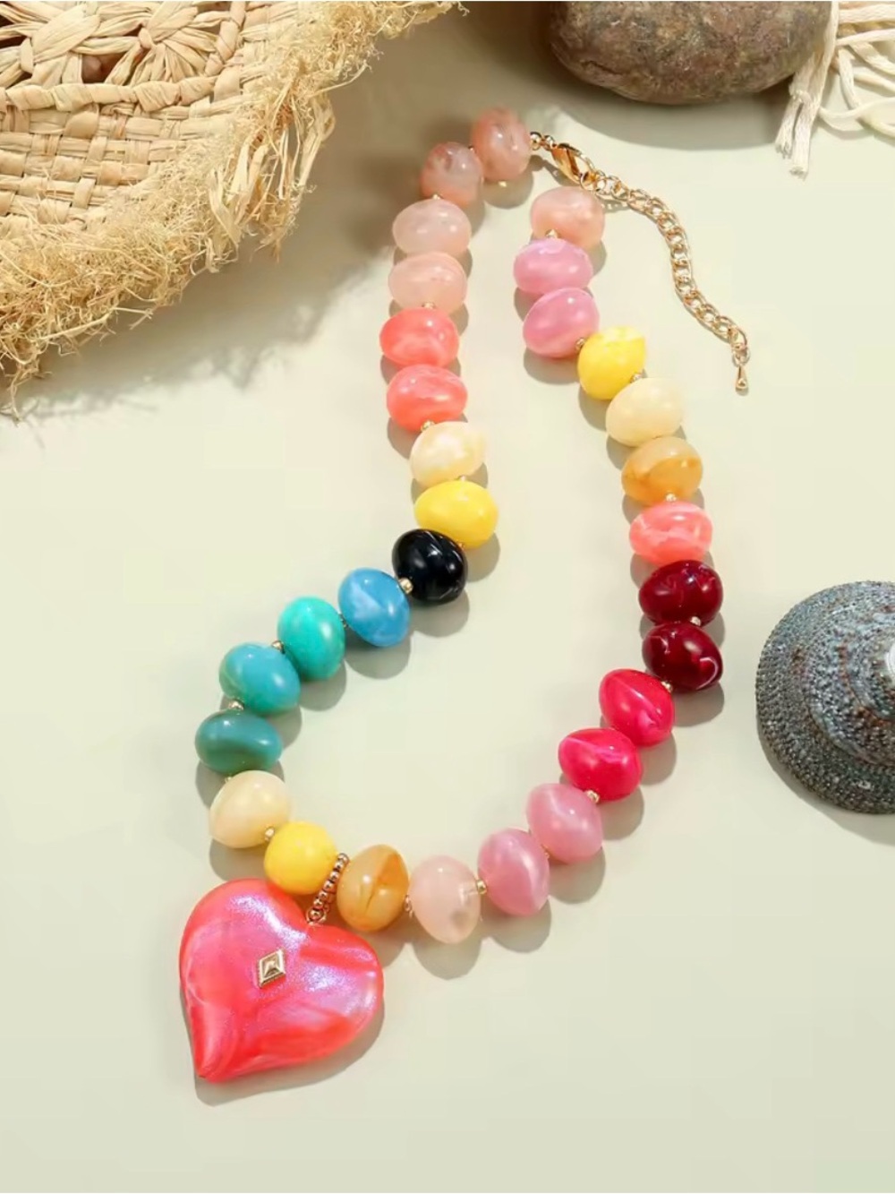 Colorful Heart Pendant Beaded Necklace - Pink Multicolor